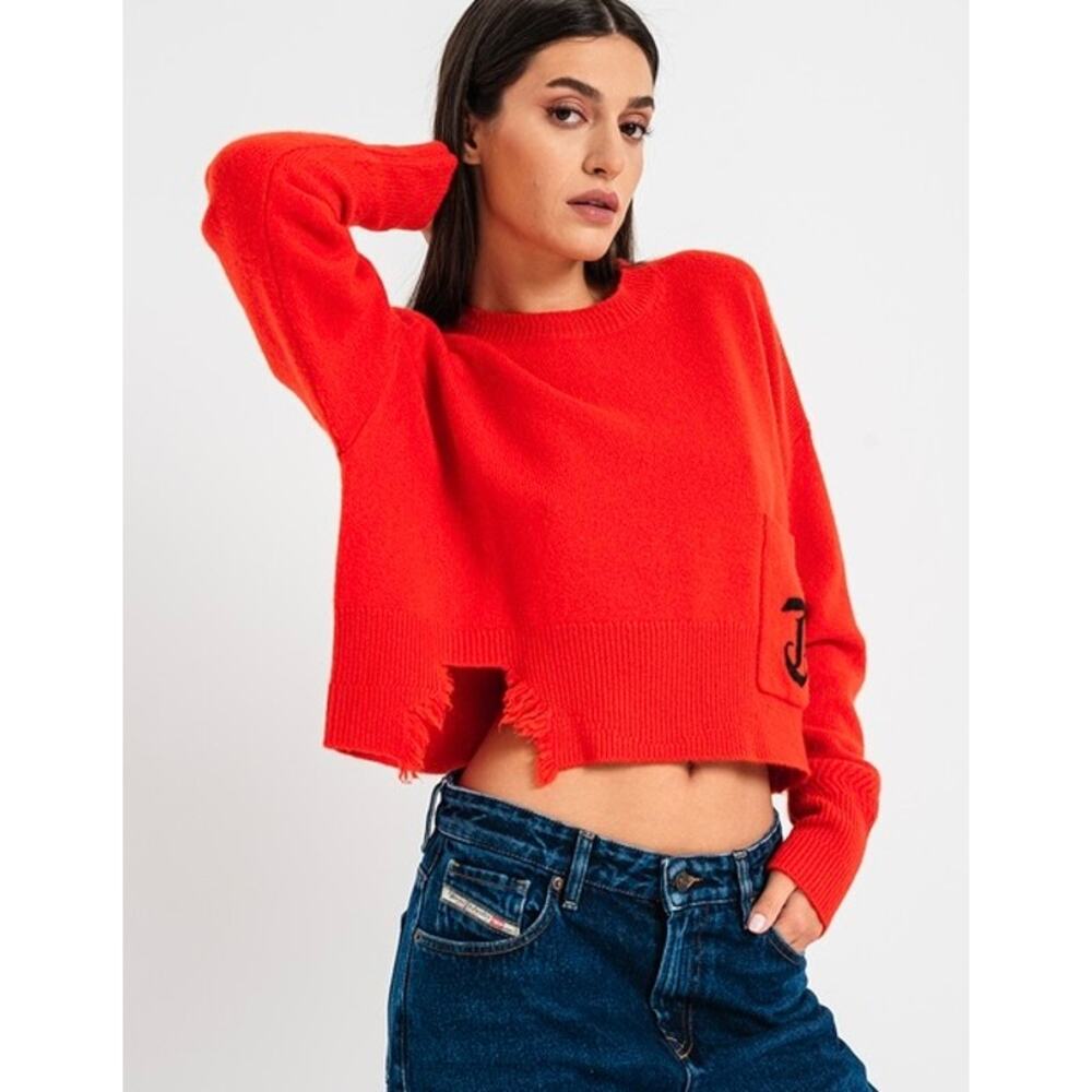 EUC Diesel Red Cropped Wool Cashmere Sweater Distressed Hem Logo Pocket Sz Small